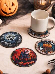 1 Set Halloween Wooden Coasters, Halloween Gothic Style Non-Slip Coasters, Halloween Decoration, Halloween Party Decoration, Halloween Trick Or Treat Decoration, Scary Halloween Decoration, Ghost BOO/Pumpkin/Witch Pattern Coasters, Home Decor, Tabletop Decor - Halloween Mix - View 8