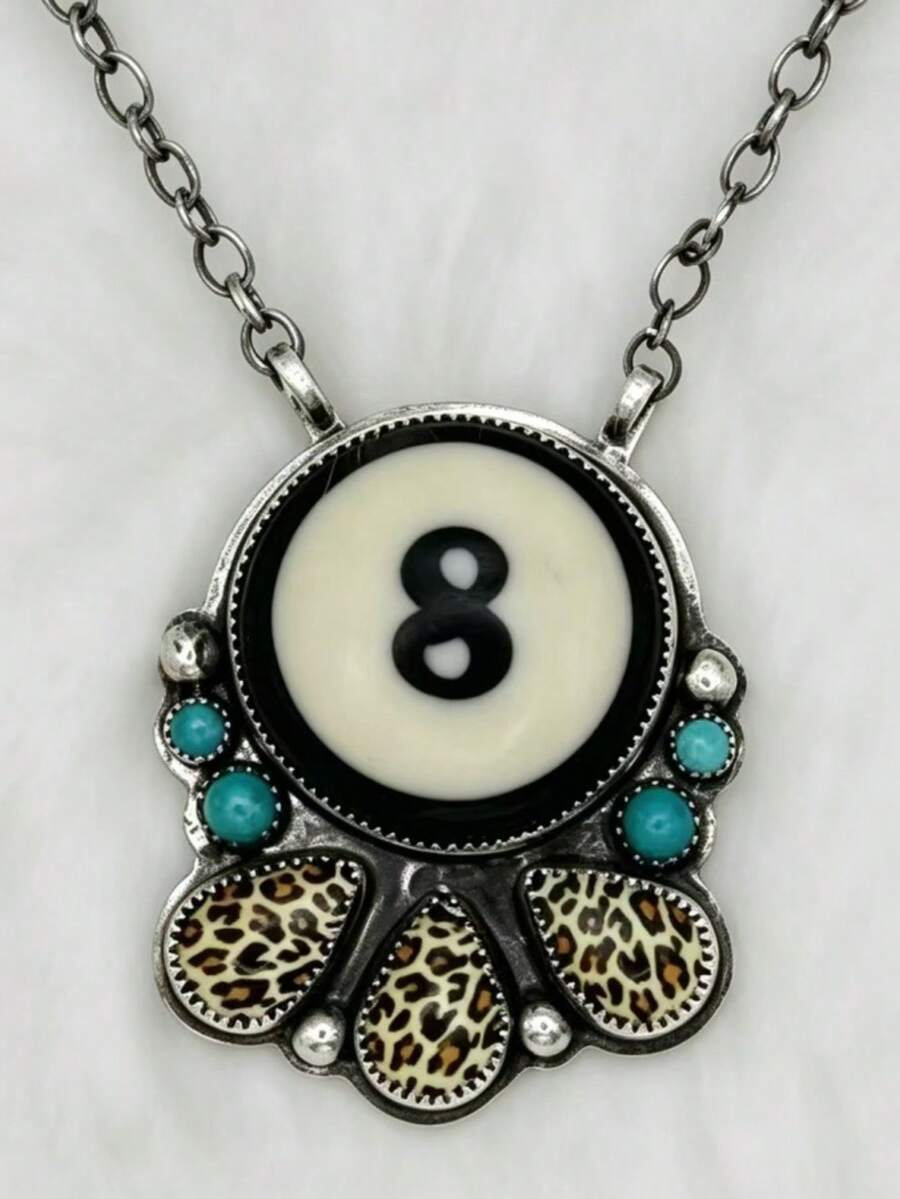 1pc Vintage Bohemian Style Leopard Print Faux Turquoise Pendant Necklace, Western Cowboy Jewelry Gift Suitable For Women's Daily, Party, Travel Wear - Silver - View 1