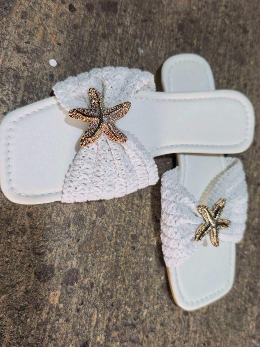 WRCVS 白色女款刺繡梭織平底拖鞋，金屬扣飾波希米亞風派對度假涼鞋，五星圖案戶外鞋