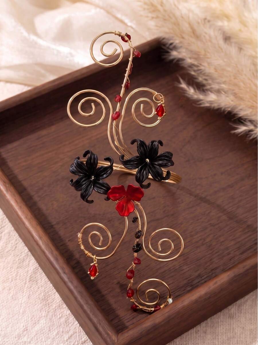 1pc Women's Vintage Handmade Metal Wire Wrapped Black & Red Flower Cuff Bracelet With Pearl & Crystal Pendant, Gothic Style Jewelry - Red - View 1