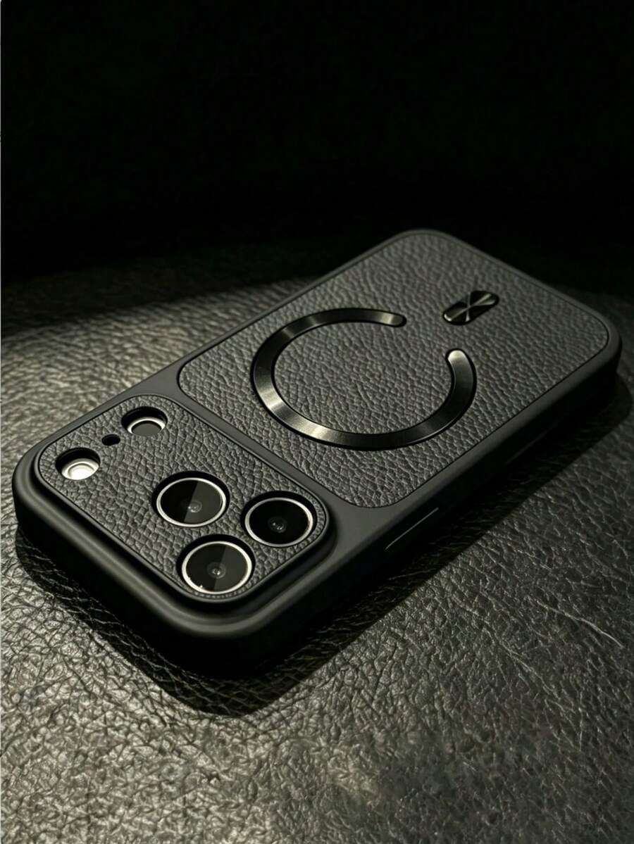 Premium Lychee Texture CD Pattern Magnetic Wireless Charging Phone Case, Compatible With IPhone 17 Pro Max 17 Pro 16 Pro Max 15 Pro Max 14 Pro 13 12, Luxury Matte Lens Protection Shock-Absorbing Back Cover - Black - View 1