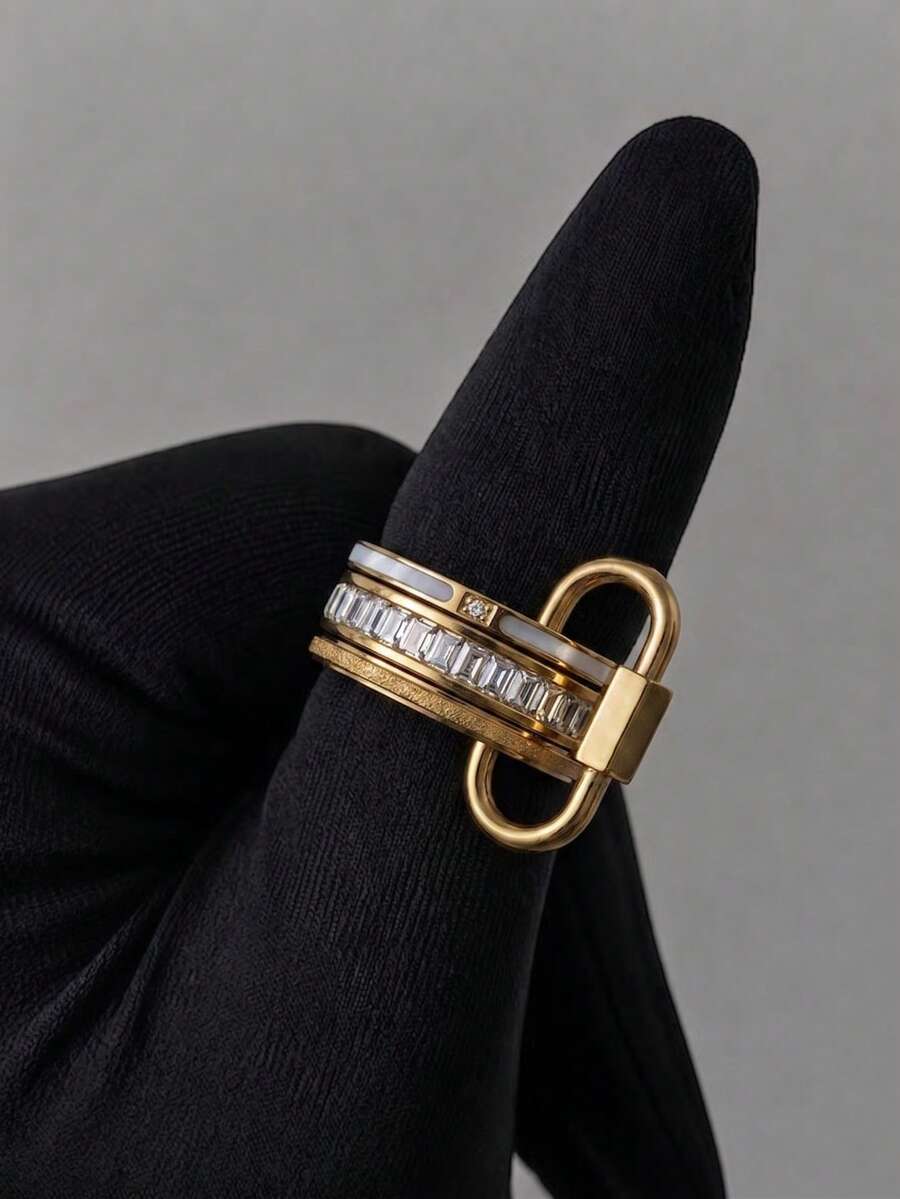 1/4件組女款奢華鋯石星形與愛心設計寬版可疊戴戒指,附鎖扣,適合秋季約會派對日常佩戴的珠寶禮物 - 金色G - 查看 1
