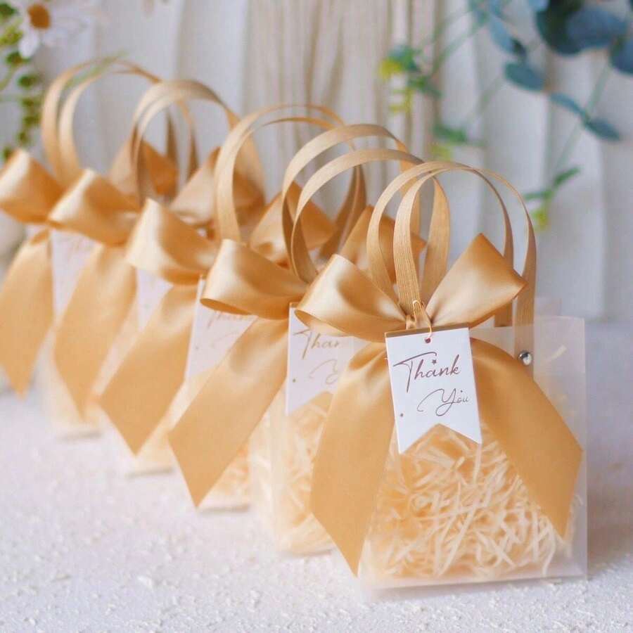 1/5/10pcs Premium Gift Bags, Thick Frosted Tote Bags With Ribbon, Thank You Tag And Raffia - View 1