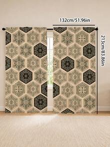 2PCS, Bohemian Hexagonal Floral Curtains, Vintage Mandala Tile Pattern Window Fabric, Pastoral Bohemian Style Living Room Bedroom Kitchen Decor - Multicolor - View 13
