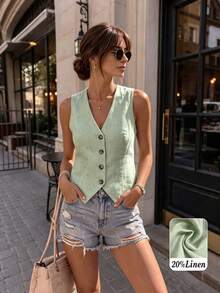 Plus Size Women's Spring/Summer Casual Linen Blazer Vest - Green - View 1