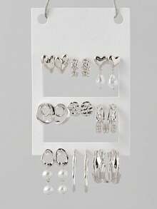 18pcs Fashion Minimalist Elegant Heart Faux Pearl Pendant Silver Stud Earrings Set For Women, Vacation Date Party Ball Banquet Holiday Birthday Gift, Daily Versatile - Silver - View 1