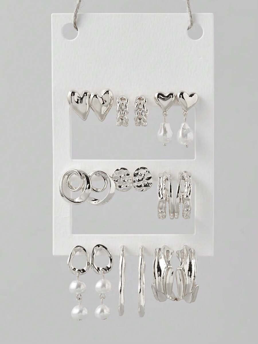 18pcs Fashion Minimalist Elegant Heart Faux Pearl Pendant Silver Stud Earrings Set For Women, Vacation Date Party Ball Banquet Holiday Birthday Gift, Daily Versatile - Silver - View 1
