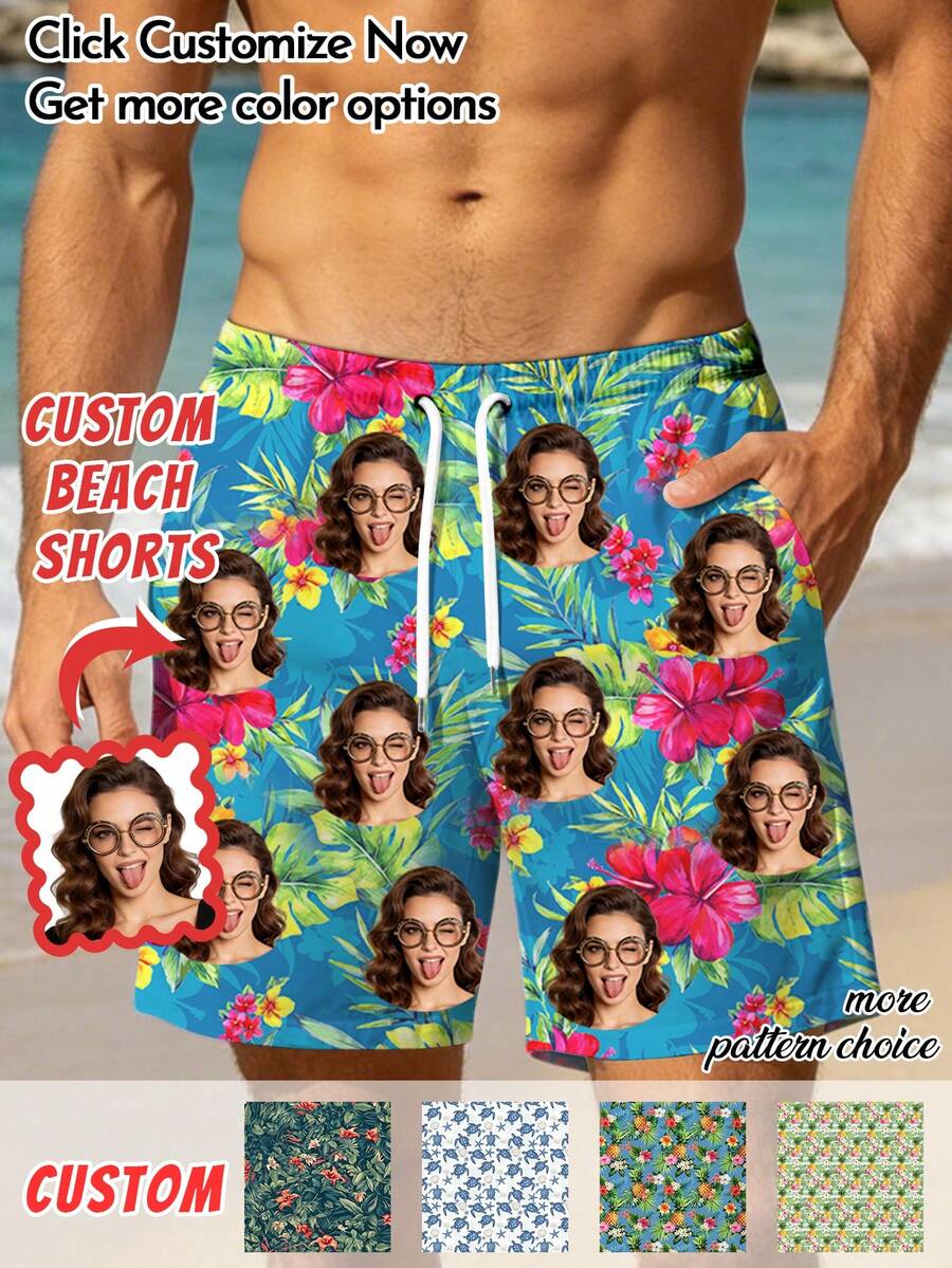 1pc Customizable Men's Beach Shorts, Personalized Hawaiian Beach Shorts With Custom Face Design, Funny And Humorous Style, Suitable For Daily Casual Wear, Friends Gathering, Creative Ideal Gift For Boyfriend/Girlfriend, Family And Friends - Multicolor - View 1