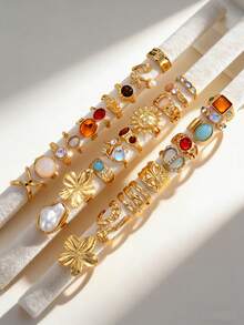 Random 37/22/6pcs Fashion Elegant Glamorous Bling-Bling Chunky Colorful Rhinestone Flower Heart Star Sun Cat Eye Shell Starfish Wide Band Ring Set For Women, Vacation Party Date Casual Holiday Banquet Travel Photo Daily Matching New Versatile - Yellow Gold - View 4