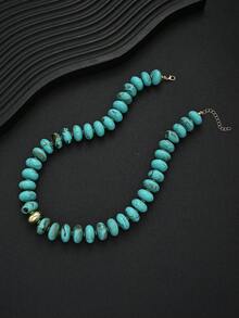 1pc Vintage Elegant Bohemian Style Women's Oval Turquoise Acrylic Beaded Necklace, Suitable For Daily Wear And Vacation, Perfect Gift Choice - Turquoise - View 4