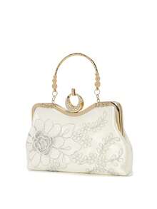 Elegant Ivory Floral Embroidered Evening Bag, Women's Rhinestone Ring Clasp Top Handle Clutch Purse For Wedding Party & Prom - Ivory - View 2