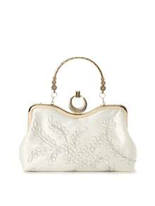 Elegant Ivory Floral Embroidered Evening Bag, Women's Rhinestone Ring Clasp Top Handle Clutch Purse For Wedding Party & Prom - Ivory - View 3