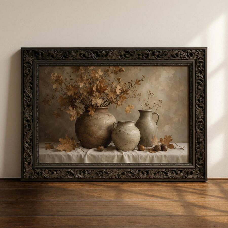 1pc Canvas Wall Art, Framed Wall Decor, Vintage Country Style Autumn Still Life Canvas Painting, Autumn Maple Leaves Ceramic Vase Acorns Pastoral Oil Painting Decor, Warm Earth Tone Comfortable Neutral Aesthetic Wall Decoration - Retro Art - View 1