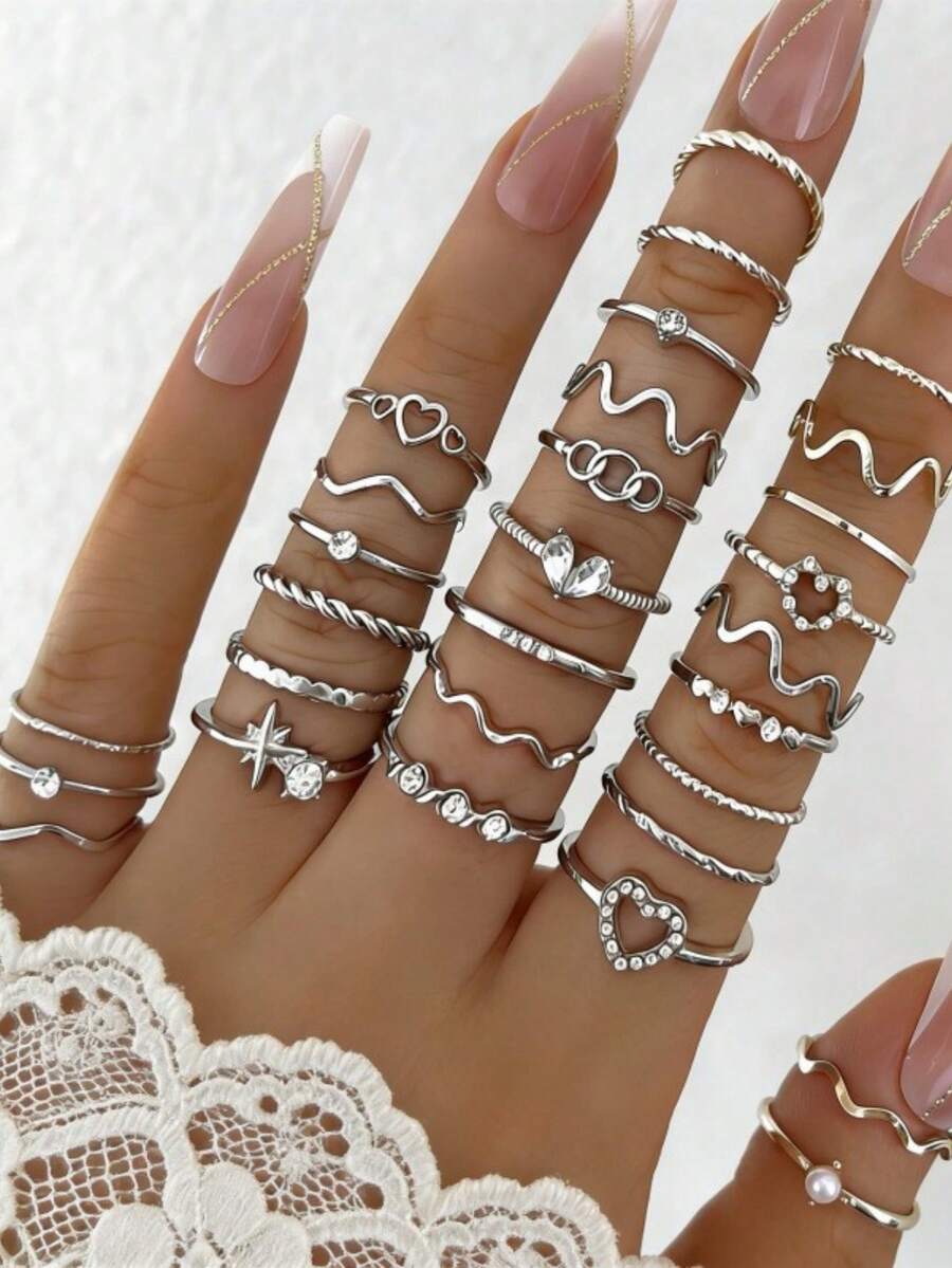 28pcs Heart-Shaped Fashion Minimalist Rhinestone Bohemian Geometric Women's Ring Set - Silver - View 1