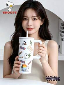 SNOOPY 1 件史努比 900ML 大容量保温杯，户外便携式旅行冷却水瓶，不锈钢车载杯，带不锈钢吸管的咖啡杯 - 彩色 - 查看 15