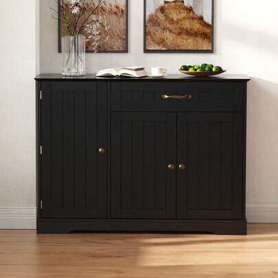 Modernes, Elegantes Sideboard Mit 3 Türen Und Einer Schublade, Buffetschrank Für Esszimmer, Wohnzimmer Und Diele (Schwarz)