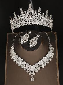 Sparkling Silver Bridal Set, Exquisite High Crown With Diamonds, Includes Luxurious Necklace And Pendant Earrings, Designed For Grand Wedding Day - Silver - View 10