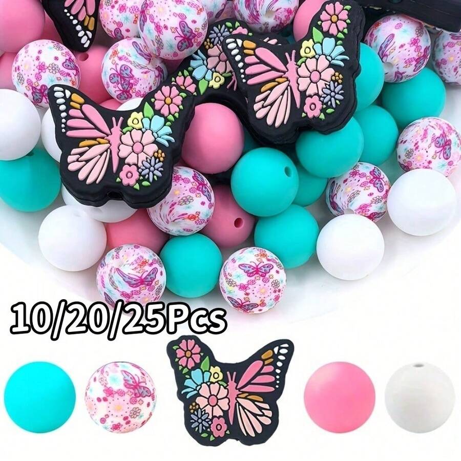 10/20/25Pcs Butterfly Shaped Beads Set - Includes Butterfly Shaped Main Beads And Round Beads, Multiple Colors Available, Suitable For DIY Jewelry Accessories And Handmade Crafts