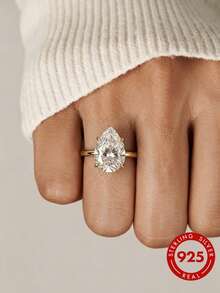 1pc 2ct Moissanite Solitaire Ring, S925 Sterling Silver Gold Plated Teardrop Cut 4-Prong Promise Wedding Ring, Exquisite Bridal Women High-End Jewelry Gift - Style a - Gold - View 13
