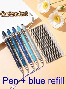 Blue Series Laser Customized Engraved Metal Ballpoint Pen, Large Capacity Set Includes (Pen + Refill), Personalized Engraving, Suitable For Business Promotion, Office And School Use, Ideal Gift For Teens 14+ And Adults - Sets - View 1