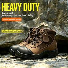 Men's Mid-Top Steel Toe Safety Work Shoes, Top Grain Suede Leather Protective Shoes, Side Zipper Design, Anti-Crush Industrial Work Boots - Brown - View 7