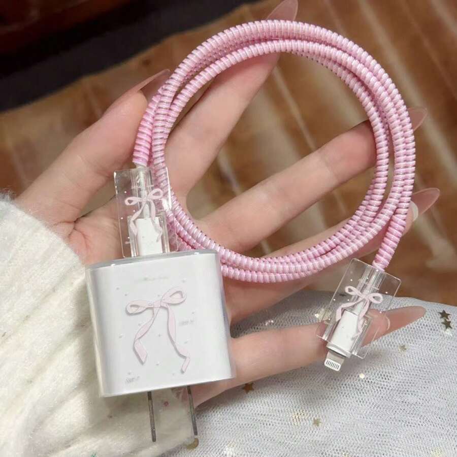 4pcs Gentle Ribbon Bow Pattern Data Cable Protector Set, INS Ballet Style Floral Print Digital Accessories Multi-Scenario Compatible, Compatible With Apple 18W/20W Fast Charging, Sweet Girl Style Portable Digital Gadget, Can Be Given As Birthday, Christmas, New Year Holiday Gift To Family - Pink Bow - View 1