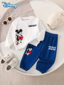 Disney 2pcs/Set Autumn Mickey Minnie Cute Cartoon Pattern Long Sleeve Sweatshirt And Elastic Waist Royal Blue Sweatpants, Slightly Stretchy, Suitable For Baby Newborn Daily Wear, Great Gift - Royal Blue - View 1