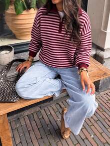 SEREN New Autumn/Winter Half-Button Cardigan Collar Contrast Striped Sweater, Vintage Y2K Top, Casual Loose Fit, Suitable For Commute And Outdoor Wear - Red - View 3