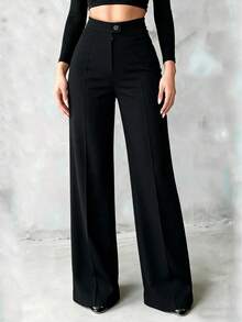 Celana Panjang Wanita Warna Hitam Polos, Pinggang Tinggi, Jahitan Depan, Kaki Lebar, Kancing dan Resleting, Celana Panjang Elegan untuk Beraktivitas di Luar Rumah - Hitam - View 6