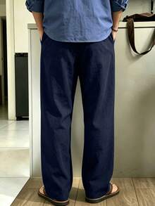 Men's Linen Straight Leg Casual Pants, Spring/Summer Thin Breathable Versatile Solid Color Drawstring Loose Long Pants, Black - Navy Blue - View 3