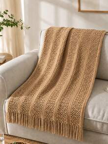 Comfortable Knitted Tassel Throw Blanket - Soft, Lightweight, Ideal For Sofa, Bed And Travel - Beige And Cream Farmhouse Style - Khaki - View 3