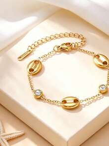 1pc Ins Style Circle Rhinestone Bracelet For Women, Lightweight Luxury Minimalist Design, Exquisite Stainless Steel Jewelry - Claw-set Bracelet - View 2