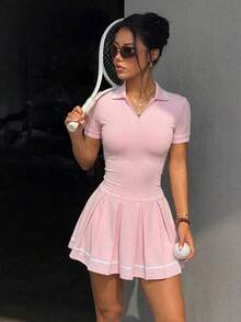 女款修身百褶 Polo 領連身裙，內建安全短褲與口袋，春夏運動風，粉紅色 - 粉色 - 查看 4