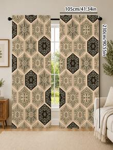 2PCS, Bohemian Hexagonal Floral Curtains, Vintage Mandala Tile Pattern Window Fabric, Pastoral Bohemian Style Living Room Bedroom Kitchen Decor - Multicolor - View 12