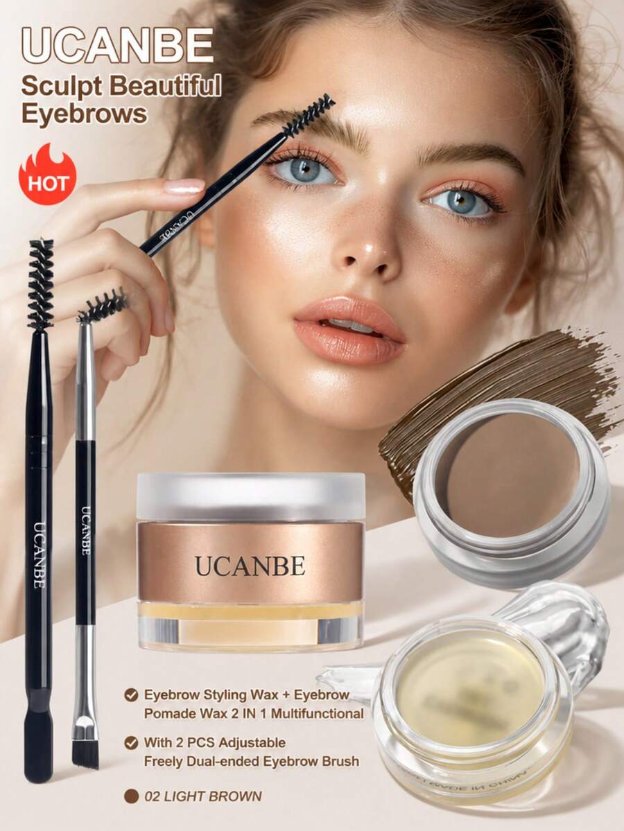 UCANBE Waterproof Eyebrow Gel + Eyebrow Styling Wax 2 In 1 Makeup Kit With 2 Pcs Dual-Ended Adjustable Freely Eyebrow Brush Makeup Long Lasting Eyebrows - 02 Light Brown - View 1
