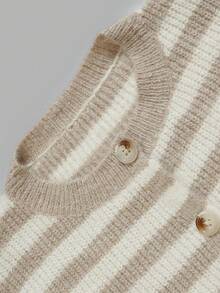 NiceArt Women's Striped Knit Cardigan, Short Sleeve Button Front Round Neck Top, Suitable For Autumn Layering - Khaki - View 4