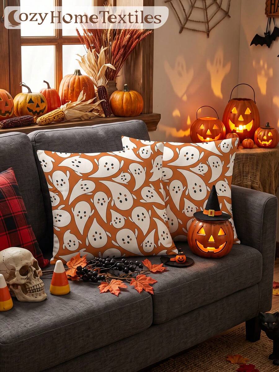 1/2pcs Halloween Ghost Print Pillowcases (No Filling), Cushion Covers, Throw Pillow Covers, Single-Sided Printed, Breathable, Anti-Pilling, Cozy, Machine Washable, Halloween Deorations, Room Decor, Sofa Decor, Autumn Home Decor, Halloween Gift - Multicolor - View 1