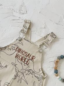 Baby Boy Casual Overalls, Dinosaur World Pattern Embroidered All-Over Print, Adjustable Shoulder Straps Infant Long Pants - Khaki - View 9