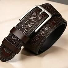Cinturón de estilo vintage para hombre con artesanía en relieve y hebilla de aleación, práctico y con relieve - Marrón - Ver 5