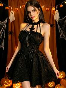 Dress 1, Gothic Lolita Spaghetti Strap Dress With Corset And Bow Decoration, Black Lace Mini Party Dress, Suitable For Cosplay Fall - Black - View 2