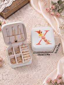 復古花卉字母旅行小珠寶盒，適用於項鍊與戒指，3.9in*2in PU皮革白色珠寶收納盒，適合女性，理想的節日禮物 - Floral Initials - 查看 37
