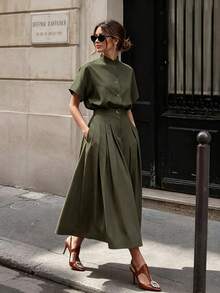 Solid Color Button Decor Stand Collar Short Sleeve 2-Piece Set Shirt + Pleated Midi Skirt, Suitable For Office Commute Business Spring Vacation - Army Green - View 2