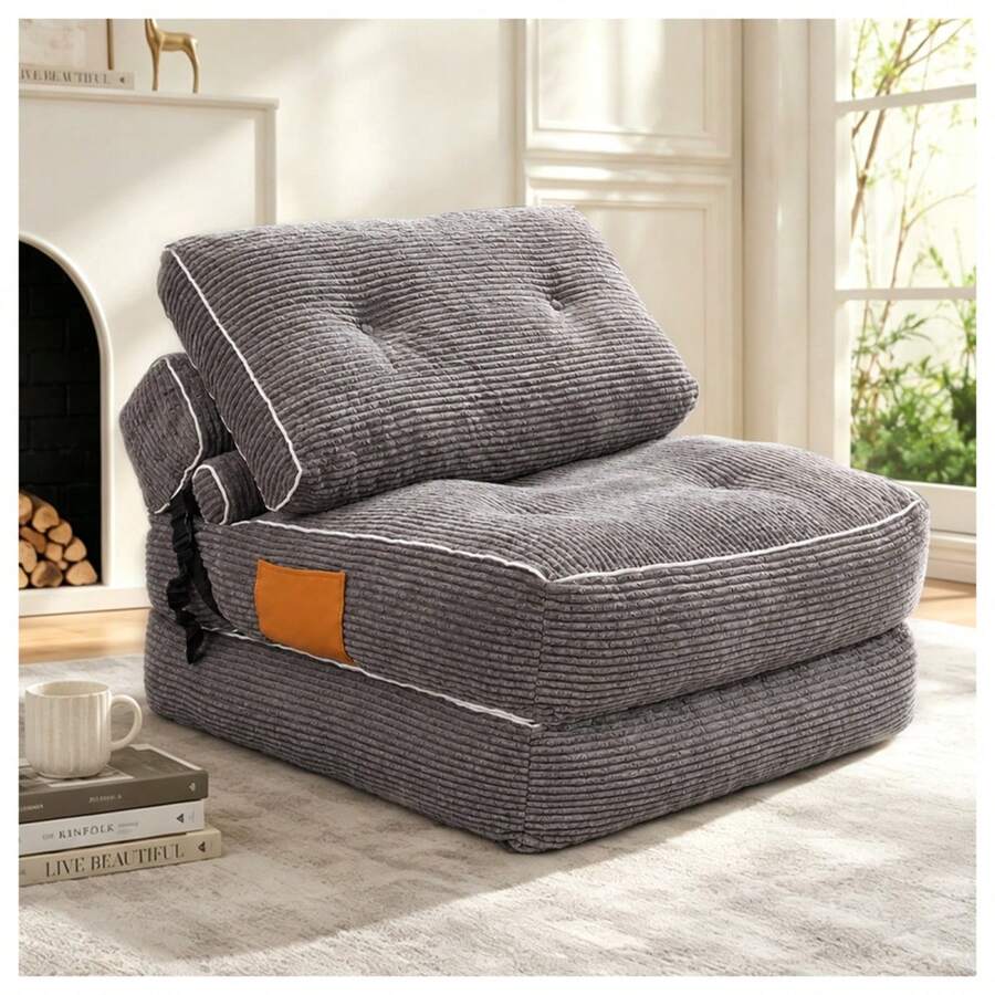 [Sillón Puf Plegable, Sofá Cama Plegable, Sillón Futón Plegable para el Suelo, Cómodas Sillas Reclinables Portátiles Convertibles para Sala de Estar y Dormitorio. En el lugar - Gris + Pana + Espuma - Ver 1