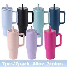 AGH 7pcs Mix Color 40OZ Powder Coated Tumblers With Flip Straw Lids Travel Mug Durable Reusable Coffee Cup - Perfect For Outdoors, Home, Office, Sports DIY Laser Design For Outside Gifts - A - View 6