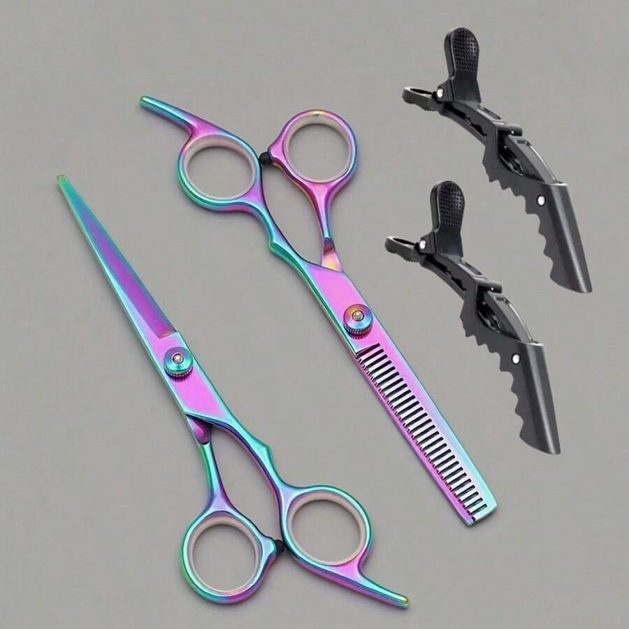 4pcs/Set Professional Hair Cutting Scissors Set - 4pcs Colorful Hair Clips + Professional Hair Shears Set, Salon Use Hairdressing Scissors, Flat Shears For Bangs, Thinning Scissors For Textured Hair, Multi-Functional Hair Styling Crocodile Clips For Hairstylists - Multicolor - View 1