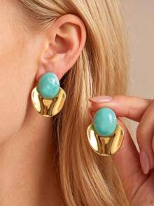 VJS 1 Pair Vintage French Style Resin Round Bead Stud Earrings, Color-Block Half-Circle Metal Patchwork Design, Women's Daily Commute, Date, Party Earrings - Resin Ball Stud Earrings - View 12