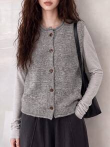 Women's Autumn/Winter Casual Minimalist Versatile Round Neck Knit Cardigan Vest Fall - Grey - View 4
