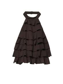 Layered Ruffle Halter Top Women Crop Backless Sleeveless Tank Top Yellow Brown Polka Dot Tie Back Vest Woman Summer Off Shoulder Going Out Camisole - Brown - View 5