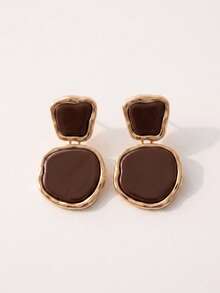1 par de pendientes de botón de estilo vintage de doble capa con diseño geométrico, con borde de oro rosa y acabado marrón oscuro, adecuados para mujeres urbanas que buscan elegancia minimalista - Amarillo Oro - Ver 4