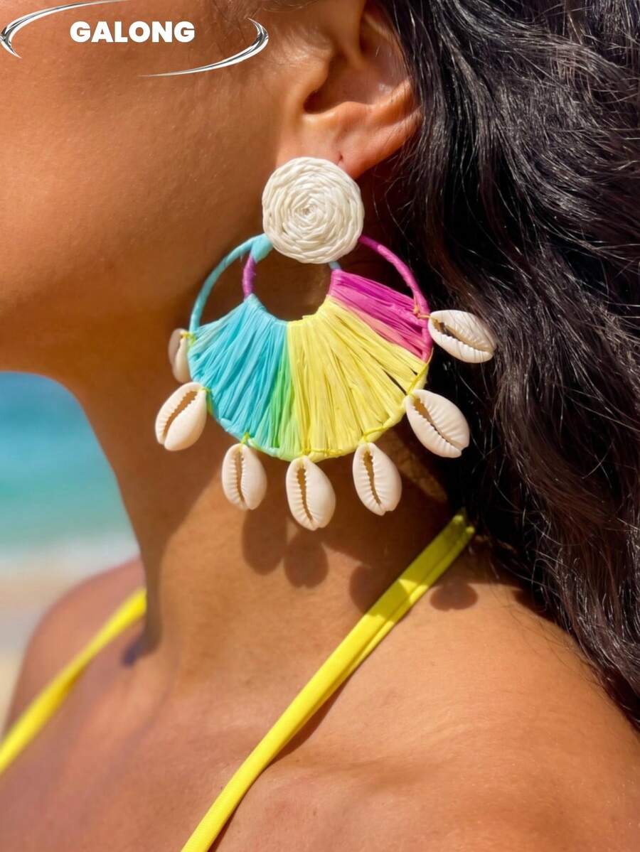 Bohemian Handmade Woven Earrings For Women, Summer Natural Shell Pendant, Vacation Style Straw Woven Large Earrings, Colorful Beaded Ear Jewelry